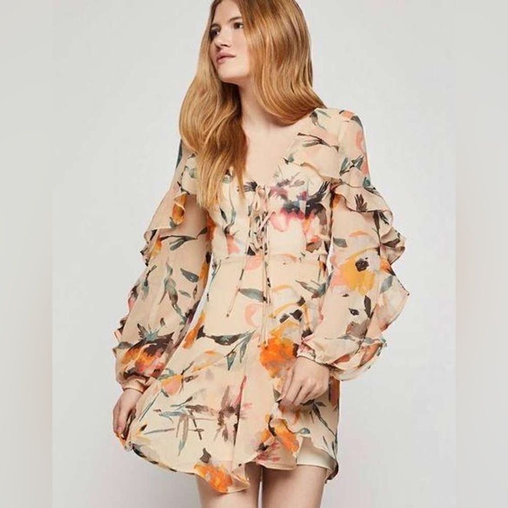 BCBGeneration Floral Ruffle Mini Dress Sheer Long Sleeve Boho Size 4 - Picture 3 of 15